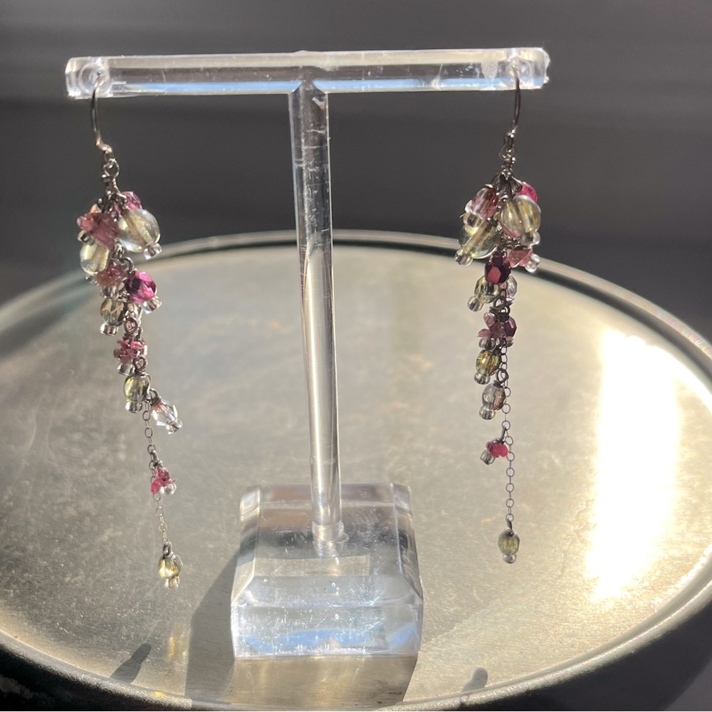 Pretty Pink and Green Glass Bead and Silver Dangle Earrings